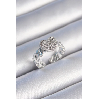 Pirinç Gümüş Renk Zincir Kordon Zirkon Taşlı Kalp Model Kadın Yüzük