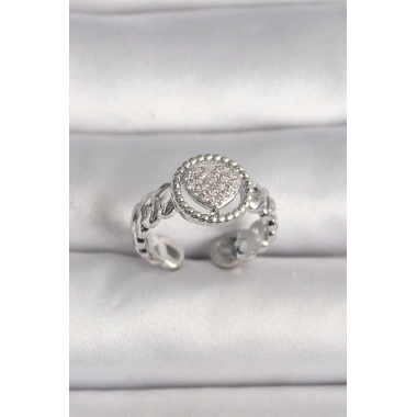 Pirinç Gümüş Renk Zincir Model Zirkon Taşlı Kalp Model Kadın Yüzük