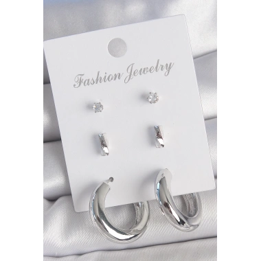 Pirinç Gümüş Renk Zirkon Taş Detay Halka Model 3 Çift Kadın Küpe Seti