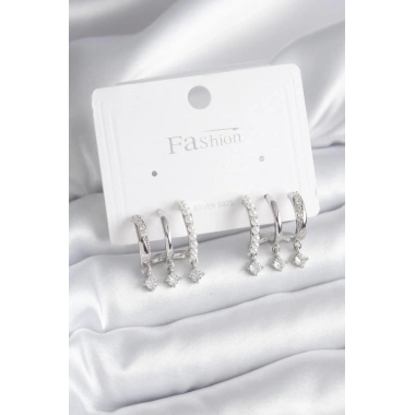 Pirinç Gümüş Renk Zirkon Taş Detay İncili Kadın Küpe