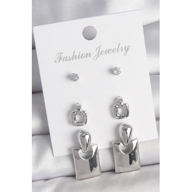 Pirinç Gümüş Renk Zirkon Taş Detay Sallantılı Kare Model 3 Çift Kadın Küpe Seti