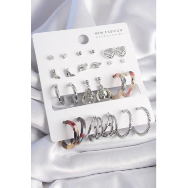 Pirinç Gümüş Renk Zirkon Taş Detaylı 12 Çift Kadın Küpe