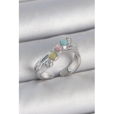 Pirinç Gümüş Renk Zirkon Taş Detaylı Renkli Mineli Ayarlanabilir Kadın Yüzük