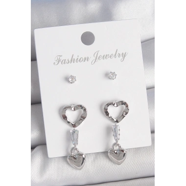 Pirinç Gümüş Renk Zirkon Taş Detaylı Sallantı Model 2 Çift Kadın Küpe Seti