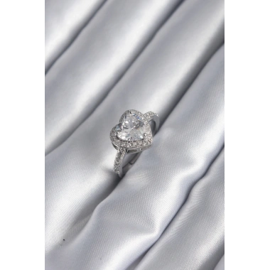 Pirinç Gümüş Renk Zirkon Taş Kalp Charm Model Kadın Yüzük