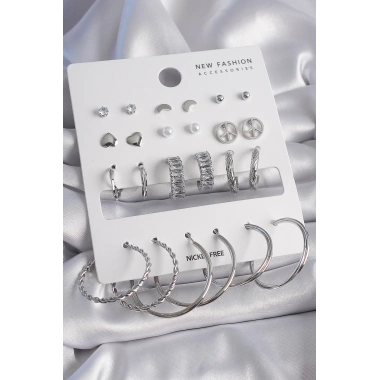 Pirinç Gümüş Renk Zirkon Taşlı 12 Çift Kadın Küpe Seti