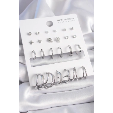 Pirinç Gümüş Renk Zirkon Taşlı 12 Çift Küpe Seti