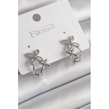 Pirinç Gümüş Renk Zirkon Taşlı 2Li Çiçek Model Kadın Küpe