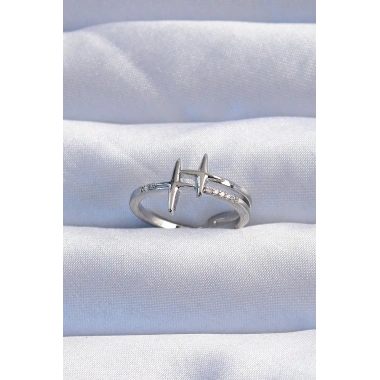 Pirinç Gümüş Renk Zirkon Taşlı 2li Görünüm Ayarlanabilir Yıldız Model Yüzük