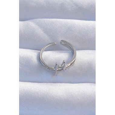 Pirinç Gümüş Renk Zirkon Taşlı 2li Görünüm Ayarlanabilir Yıldız Model Yüzük