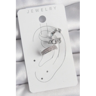 Pirinç Gümüş Renk Zirkon Taşlı 3Lü Zincir Sarmal Model Kadın Kıkırdak Küpe