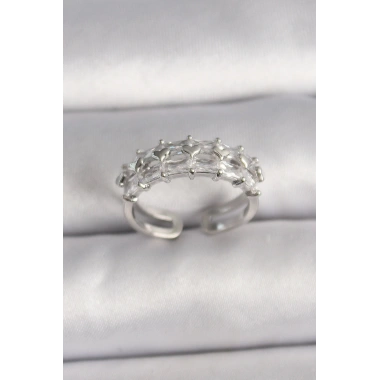 Pirinç Gümüş Renk Zirkon Taşlı Ayarlanabilir Yüzük