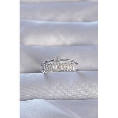 Pirinç Gümüş Renk Zirkon Taşlı Baget Su Yolu Model Ayarlanabilir Yüzük