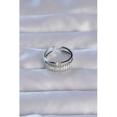 Pirinç Gümüş Renk Zirkon Taşlı Baget Su Yolu Model Ayarlanabilir Yüzük