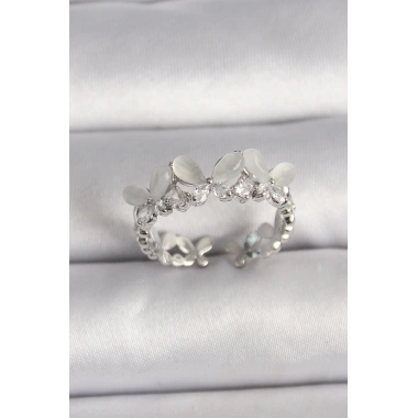 Pirinç Gümüş Renk Zirkon Taşlı Beyaz Mineli Kelebek Model Ayarlanabilir Yüzük