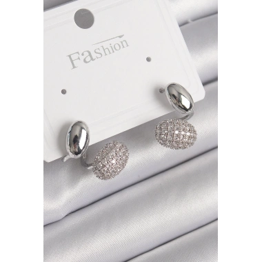 Pirinç Gümüş Renk Zirkon Taşlı Bombeli Model Kadın Küpe