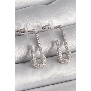 Pirinç Gümüş Renk Zirkon Taşlı Çengelli İğne Model Kadın Küpe