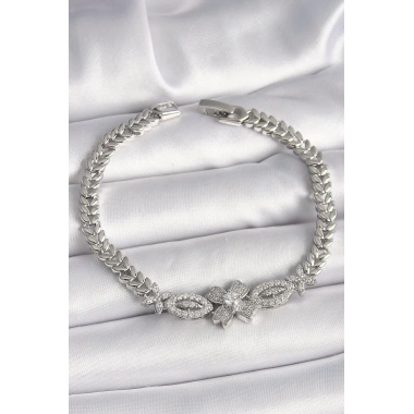 Pirinç Gümüş Renk Zirkon Taşlı Çiçek Figür Arpa Zincir Model Kadın Bileklik
