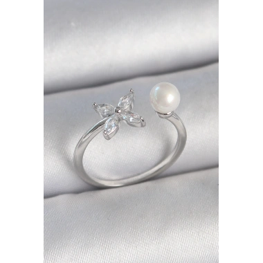 Pirinç Gümüş Renk Zirkon Taşlı Çiçek Model İnci Detay Ayarlanabilir Kadın Yüzük