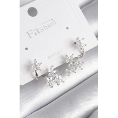 Pirinç Gümüş Renk Zirkon Taşlı Çiçek Tasarım Kadın Küpe