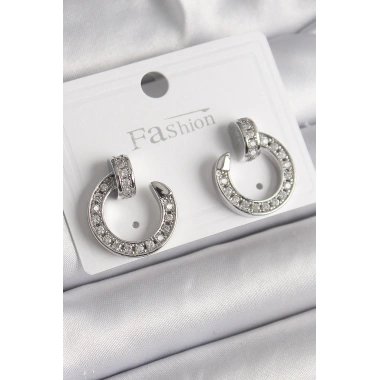 Pirinç Gümüş Renk Zirkon Taşlı Çivi Halka Model Kadın Küpe