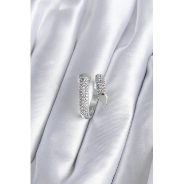 Pirinç Gümüş Renk Zirkon Taşlı Çivi Model Kadın Yüzük