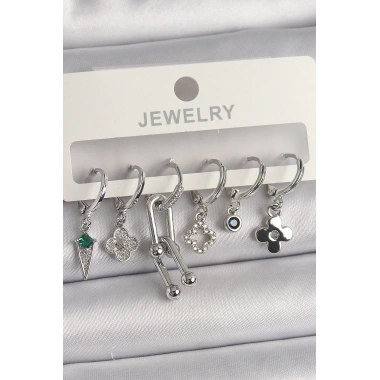 Pirinç Gümüş Renk Zirkon Taşlı Çoklu Figür Kadın Küpe Seti