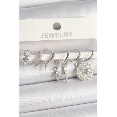 Pirinç Gümüş Renk Zirkon Taşlı Çoklu Figür Kadın Küpe Seti