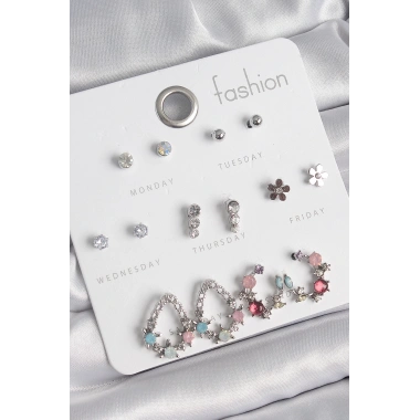 Pirinç Gümüş Renk Zirkon Taşlı Damla Model Çiçek Detay 7 Çift Kadın Küpe Seti