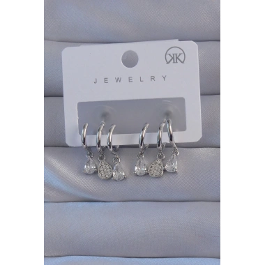 Pirinç Gümüş Renk Zirkon Taşlı Damla Model Çoklu Görünüm Yarım Halka Küpe