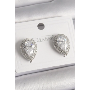 Pirinç Gümüş Renk Zirkon Taşlı Damla Model Kadın Küpe