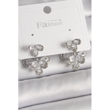 Pirinç Gümüş Renk Zirkon Taşlı Damla Model Kadın Küpe