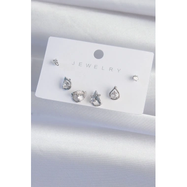 Pirinç Gümüş Renk Zirkon Taşlı Damla Model Küpe Seti