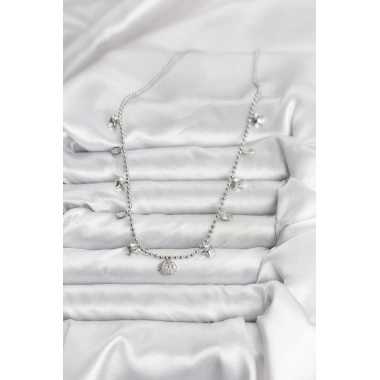 Pirinç Gümüş Renk Zirkon Taşlı Deniz Kabuğu Model Kadın Kolye