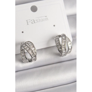 Pirinç Gümüş Renk Zirkon Taşlı Düğüm Halka Model Kadın Küpe