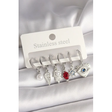 Pirinç Gümüş Renk Zirkon Taşlı Fatma Ana El Figür Kadın Küpe Seti