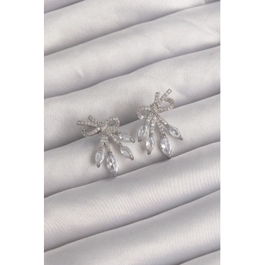 Pirinç Gümüş Renk Zirkon Taşlı Fiyonk Küpe