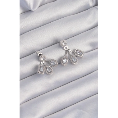 Pirinç Gümüş Renk Zirkon Taşlı Geometrik Model Küpe