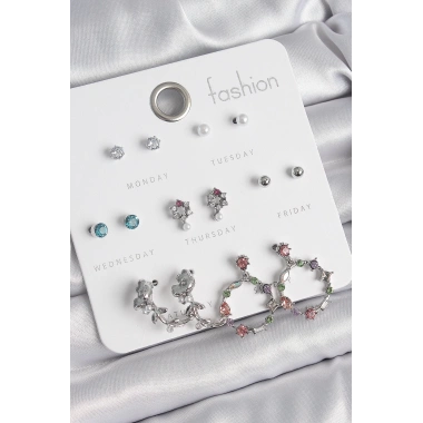 Pirinç Gümüş Renk Zirkon Taşlı Gül Figür Halka Model 7 Çift Kadın Küpe Seti