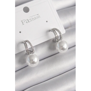 Pirinç Gümüş Renk Zirkon Taşlı Halka İnci Detay Kadın Küpe