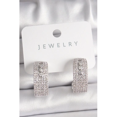 Pirinç Gümüş Renk Zirkon Taşlı Halka Messika Model Kadın Küpe