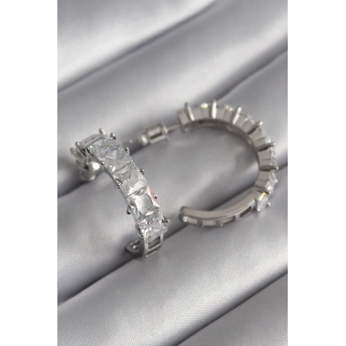 Pirinç Gümüş Renk Zirkon Taşlı Halka Model Kadın Küpe