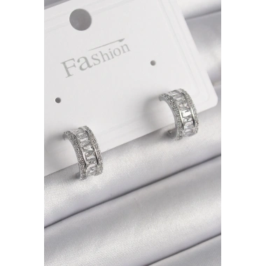 Pirinç Gümüş Renk Zirkon Taşlı Halka Model Kadın Küpe