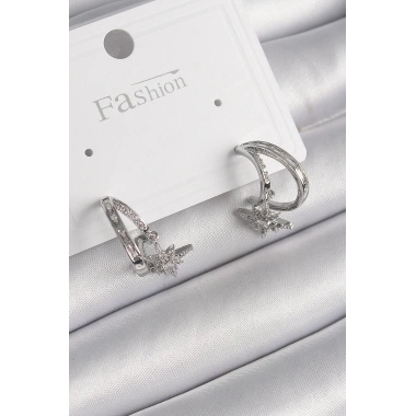 Pirinç Gümüş Renk Zirkon Taşlı Halka Model Sallantı Yıldız Detay Kadın Küpe