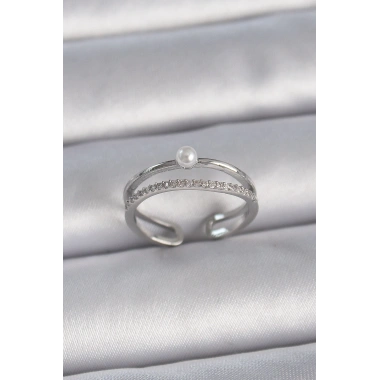 Pirinç Gümüş Renk Zirkon Taşlı İnci Detay Ayarlanabilir Model Kadın Yüzük