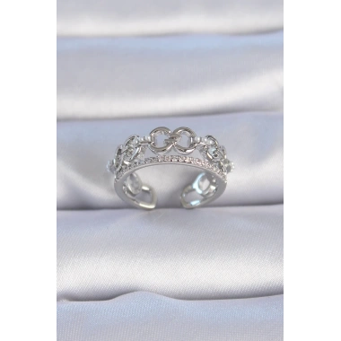 Pirinç Gümüş Renk Zirkon Taşlı İnci Detay Kadın Yüzük