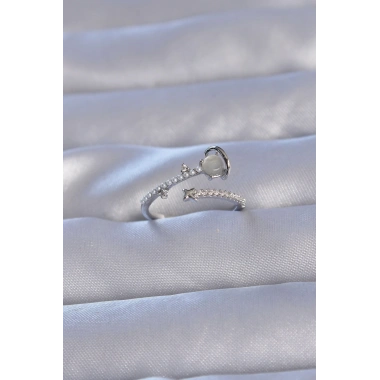 Pirinç Gümüş Renk Zirkon Taşlı İncili Satürn Model Ayarlanabilir Yüzük