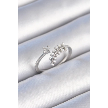 Pirinç Gümüş Renk Zirkon Taşlı İncili Yaprak Model Kadın Yüzük