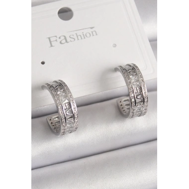 Pirinç Gümüş Renk Zirkon Taşlı İşleme Detay Halka Model Kadın Küpe