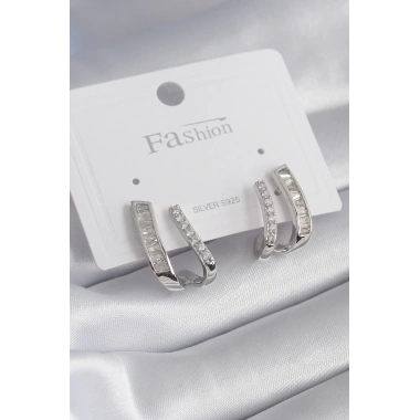 Pirinç Gümüş Renk Zirkon Taşlı Kadın Küpe